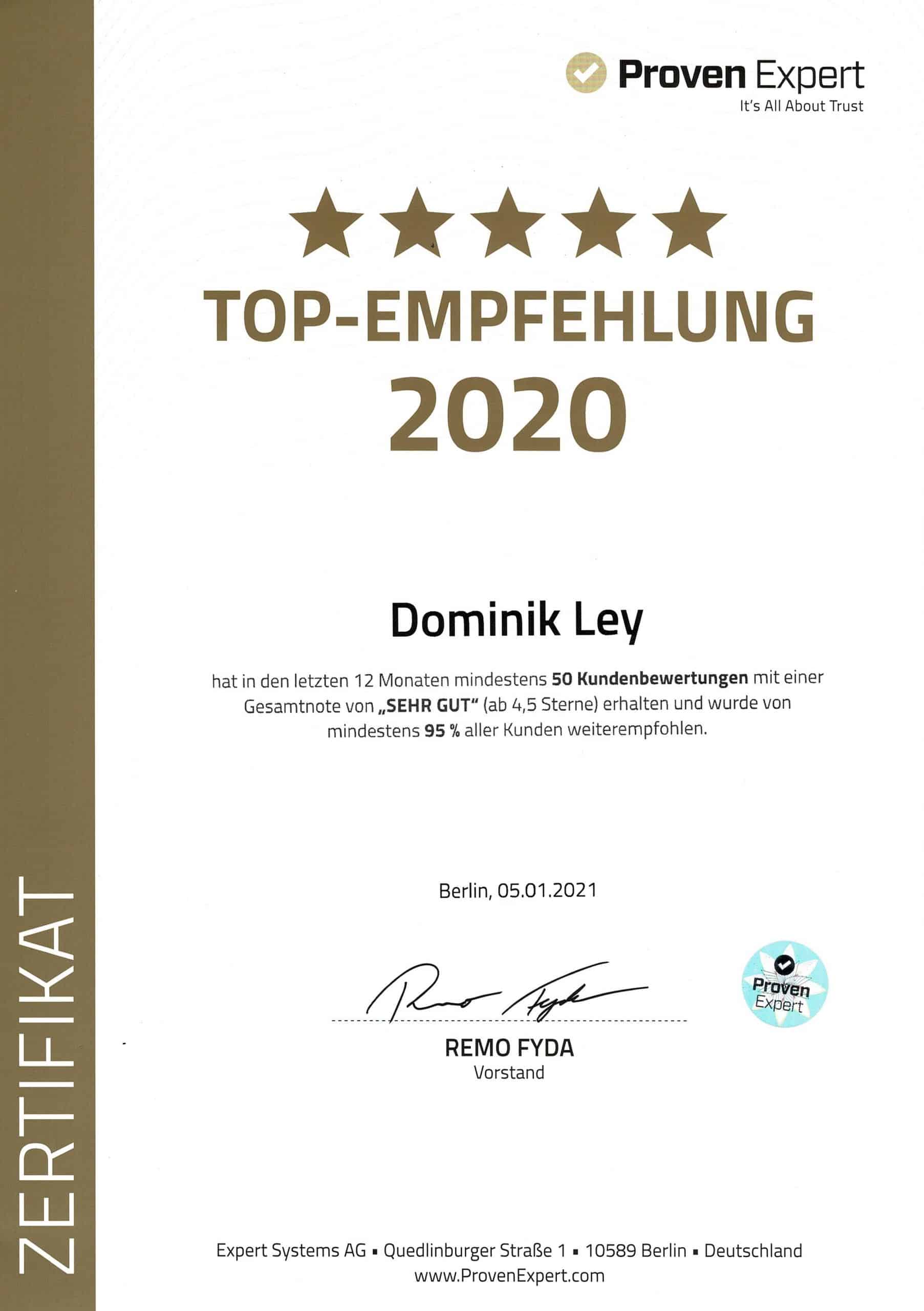 ProvenExpert Top-Empfehlung 2020